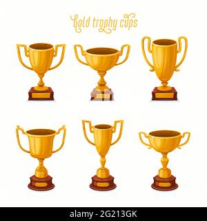 Goldene Pokale. Golden Award Cup Set mit verschiedenen Formen - 1. Platz Gewinner Trophäen. Vektorgrafik im flachen Stil. Stock Vektor
