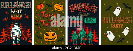 Halloween Poster Set. Vector Sammlung von Halloween Einladungen oder Grußkarten. Flache Vektorgrafik im Cartoon-Stil Stock Vektor