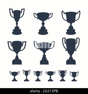 Pokalset. Schwarze Silhouetten von Award Cups mit in verschiedenen Formen auf weißem Hintergrund - 1. Platz Gewinner Trophäen. Vektor im flachen Stil illustrat Stock Vektor