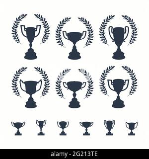 Pokalset. Schwarze Silhouetten von Award Cups in verschiedenen Formen mit Lorbeerkranz und Band auf weißem Hintergrund auf weißem Hintergrund - 1. pla Stock Vektor