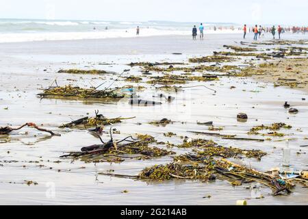 Verschmutzung des Strandes. Müll und Hausmüll verschmutzen den Strand. Müll ist eines der Probleme, die die Meeresumwelt betreffen. Stockfoto