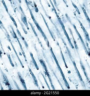 Aquarell Regen fällt nahtloses Muster. Aquarell abstrakte handgezeichnete kreative Textur. Blaue Farbe, die Regentropfen auf weißem Hintergrund herabfließt. Drucken Stockfoto