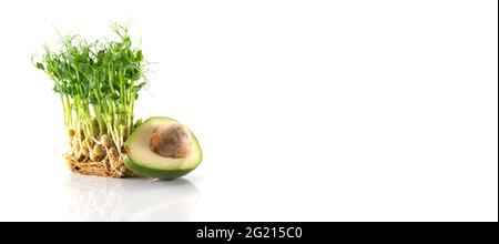 Frische Microgreens. PEA-Sprossen und halbe Avocado isoliert auf Weiß. Stockfoto