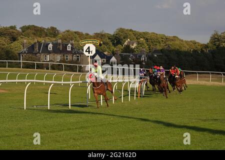Vorbildliches Pferderennen seit 1816.Pferde und Jockeys bei einem Rennen auf der Musselburgh Racecourse, East, Lothian, Schottland, Großbritannien Stockfoto