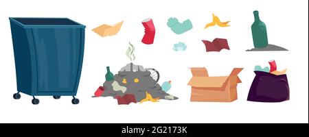 Müll, Müll und Abfalleimer isoliert Cartoon-Set. Alte Plastikbecher, Glasflaschen, Faltschachtelkarton und Sack voller Abfälle, Behälter mit Stock Vektor