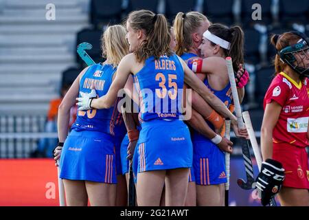 AMSTELVEEN, NIEDERLANDE - 7. JUNI: Niederlande erzielen beim EM-Spiel zwischen Spanje und Nederland am 7. Juni 2021 im Wagener Stadion in Amstelveen, Niederlande, den vierten Treffer (Foto: Jeroen Meuwsen/Orange PicBilder) Stockfoto