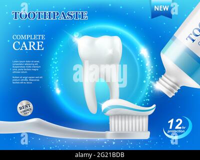 Bleaching Zahnpasta und Pinsel, Zahnpflege, Zahnreinigung Vektor-Werbeplakat mit weißen gesunden Zahn und Tube mit Paste auf blauem Hintergrund mit Glow Stock Vektor
