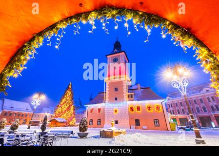 Brasov, Rumänien. Winter gefrorene Szene mit Weihnachtsbaum auf dem Hauptplatz, Siebenbürgen. Stockfoto