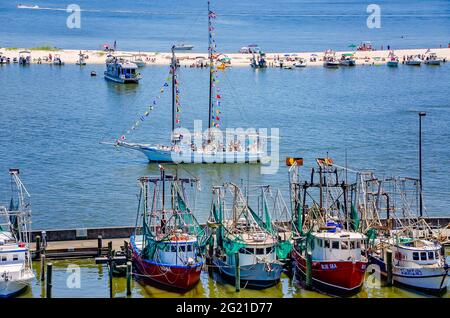 Der Glenn L. Swetman Schoner passiert Biloxi Small Craft Harbour und Deer Island während des 98. Jährlichen Segnens der Flotte in Biloxi, Mississippi. Stockfoto