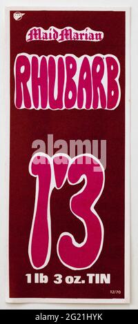 1970er Shop Werbung Preis Display Label - Maid Marian Rhubarb Stockfoto