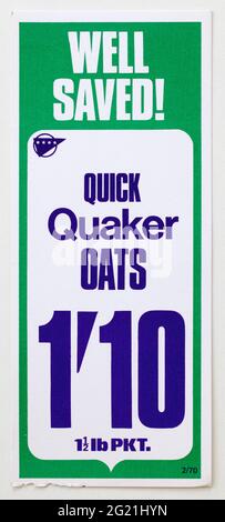 1970er Shop Werbung Preis Display Label - Quaker Porridge Oats Stockfoto