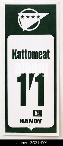 1970er Shop Werbung Preis Display Label - Kattomeat Stockfoto