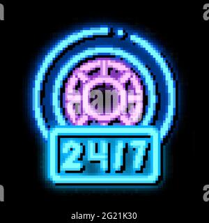 Rund-um-die-Uhr-Reparatur von Rädern und Reifen Neonlicht Symbol Illustration Stock Vektor