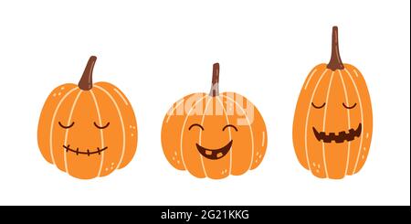 Set von niedlichen lächelnden Kürbissen für Halloween isoliert auf weißem Hintergrund. Vektor handgezeichnete Illustration in Cartoon-Flat-Stil. Geeignet für Karten, Einladungen, Grußmotive, Dekorationen. Stock Vektor