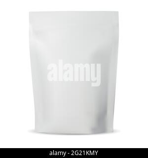 Reißverschlusstasche. Plastikkaffeesack im Nachbau, Folienverpackung blank auf weiß. Isolierte Teeverpackung. Realistischer Flexbeutel, Pasta oder Blumenwickel Stock Vektor