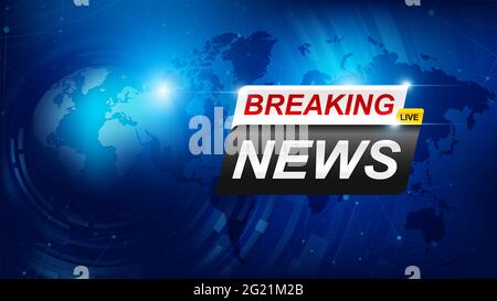 Breaking News Vorlage mit 3d rot und blau Abzeichen, Breaking News Text auf dunkelblau mit Erde und Weltkarte Hintergrund, TV News Show Broadcast templat Stockfoto