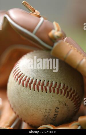 Ein Baseballspiel in einem Handschuh, der auf dem Gras sitzt. Stockfoto