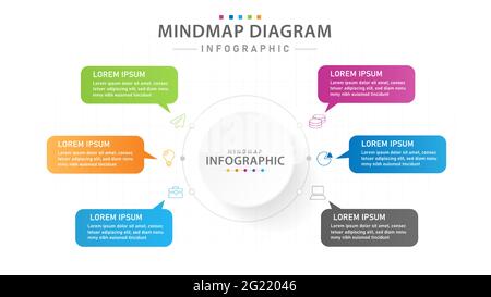 Infografik-Vorlage für Unternehmen. 6 Schritte Mindmap Diagramm, Präsentationsvektor Infografik. Stock Vektor