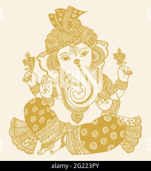 Zeichnung oder Skizze von Lord Ganesha isoliert auf einem hellorangen Hintergrund Stockfoto