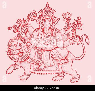 Zeichnung oder Skizze von Lord Ganesha, der auf dem Rücken eines Löwen sitzt Stockfoto
