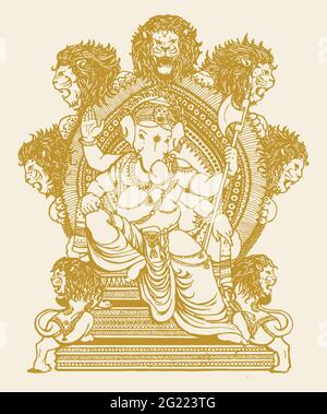 Zeichnung oder Skizze von Lord Ganesha, der auf einem Thron sitzt, mit Löwenköpfen herum Stockfoto