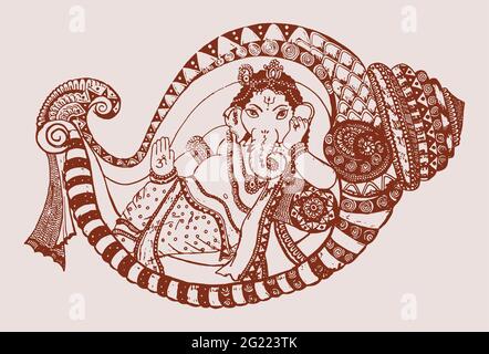 Zeichnung oder Skizze von Lord Ganesha in einer Muschelform mit Muster Stockfoto
