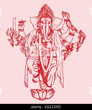 Zeichnung oder Skizze von Lord Ganesha isoliert auf einem rosa Hintergrund Stockfoto