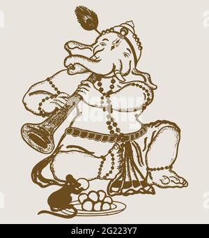 Zeichnung oder Skizze von Lord Ganesha, der auf weißem Hintergrund isoliert Klarinette spielt Stockfoto