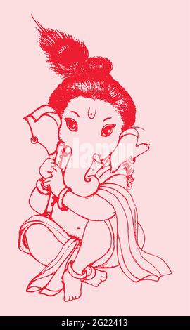 Zeichnung oder Skizze von Lord Ganesha, der Flöte spielt, isoliert auf einem rosa Hintergrund Stockfoto