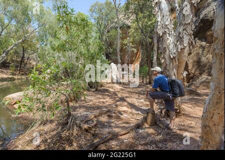 Ein alleinesker Wanderer, der die malerische Landschaft der Cobbold Creek Schlucht im Outback von Queensland, Australien, genießt. Stockfoto