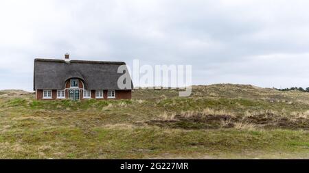 Sonderho, Dänemark - 29. Mai 2021: Traditionelles dänisches Haus mit Reetdach in einer Küstensanddünenlandschaft Stockfoto