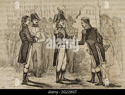 Herrschaft von Karl IV. Von Spanien. Abtretung der Gebiete Louisianas vom Königreich Spanien an das Frankreich Napoleons Bonaparte als Folge des Vertrags von San Ildefonso im Jahr 1803. Louisiana wurde nach Frankreich wegen des Einflusses Napoleons zurückgegeben. Gravur. Historia del Levantamiento, guerra y Revolución de España am Conde de Toreno. Madrid, 1851. Stockfoto