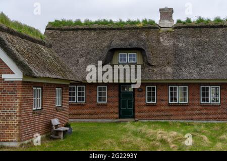 Sonderho, Dänemark - 29. Mai 2021: Traditionelles dänisches Haus mit Reetdach in einer Küstensanddünenlandschaft Stockfoto