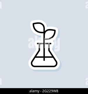 In Flask Aufkleber Pflanzen. Chemische Kolben für organische Experimente, Forschung, Pflanzpflanzen, Biologie, Pharmazeutika. Vektor auf isoliertem Hintergrund. EPS Stock Vektor
