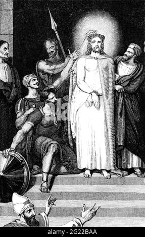 Eine gravierte Illustration von Jesus Christus mit einer Dornenkrone aus einem georgischen Buch aus dem Jahr 1836, das nicht mehr urheberrechtlich geschützt ist Stockfoto