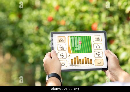 Ein Teil des Bauern, der im Garten steht und ein digitales Tablet verwendet Stockfoto
