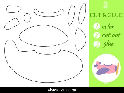 Farbe, schneiden und kleben Papier rosa Flugzeug. Seite „Craft Activity“ ausschneiden und einfügen. Pädagogisches Spiel für Kinder im Vorschulalter. DIY-Arbeitsblatt. Kids Logik Spiel, ein Stock Vektor