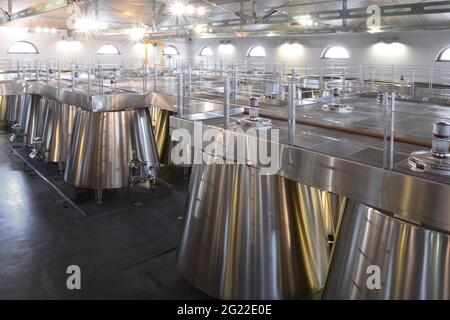 GIRONDE (33). BORDELAIS. MEDOC. SAINT-ESTPHE. COS D'ESTOURNEL. DAS NEUE WEINGUT INOX, DAS 2008 VOM FRANZÖSISCHEN ARCHITEKTEN JEAN-MICHEL WILMOTTE REALISIERT WURDE, IST U Stockfoto