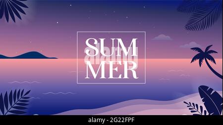 Sommerlicher Spaß Konzept Design. Kreativer Hintergrund von Landschaft, Nacht, Abendpanorama von Meer und Strand. Sommerverkauf, Post-Vorlage Stock Vektor