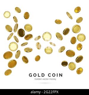 Realistische Goldmünzen auf weißem Hintergrund. Jackpot- oder Casino-Poker-Gewinn-Element. Cash Treasure-Konzept. Fallendes oder fliegendes Geld. Vektorgrafik Stock Vektor