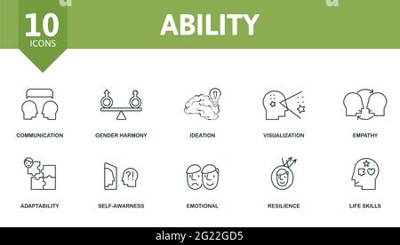 Symbol für Fähigkeit festgelegt. Enthält editierbare Symbole für Lebenskompetenzen wie Kommunikation, Ideation, Empathie und mehr. Stock Vektor