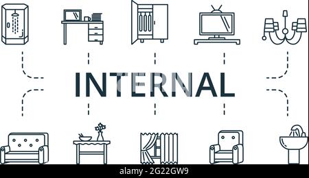 Interner Symbolsatz. Enthält editierbare Symbole wie Duschkabine, Eingang, Couchtisch und mehr. Stock Vektor
