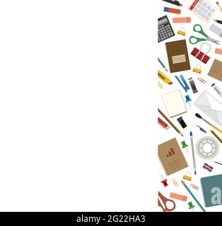 Schreibwaren. Güter für Büro, Schule und Kreativität. Eckenrahmen. Für ein Banner. Das isolierte vertikale Objekt auf weißem Hintergrund. Vektor-Abb. Stock Vektor