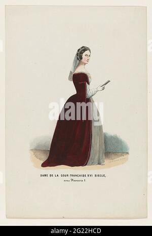 Lady de la Cour Francaise XVI Siècle, Sous Francois I. Frau in historischer Tracht einer Dame am Hof von Frans I., 16. Jahrhundert. Am 26. Februar 1845 fand im Palast des Fürsten von Oranien (des späteren Königs Willem III.) in Den Haag eine Präsentation zum Blech über dem kostümierten Ball statt. Stockfoto