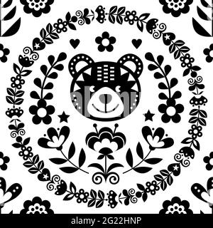 Skandinavisches nahtloses Vektor-Folk-Art-Muster mit Bär, Blumen und Kranz, nordisches schwarz-weißes florales Textildesign, inspiriert von traditionellem Embr Stock Vektor