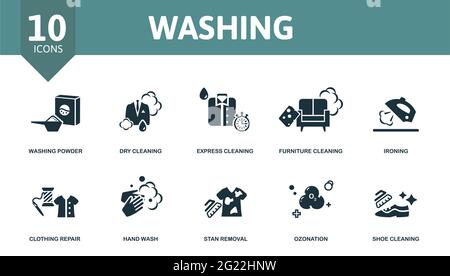 Waschsymbol eingestellt. Enthält bearbeitbare Symbole Wäschestücke wie Waschpulver, Express-Reinigung, Bügeln und mehr. Stock Vektor