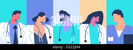 Set Ärzte Team Männer Frauen Avatare Gesundheitswesen Medizin Konzept horizontales Porträt Stock Vektor