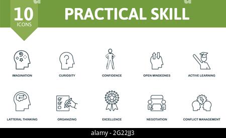 Symbolsatz für praktische Fertigkeiten. Enthält editierbare Symbole für Lebenskompetenzen wie Vorstellungskraft, Selbstvertrauen, aktives Lernen und mehr. Stock Vektor