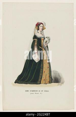 Lady d'Honneur du 16th Siècle (Sous Henri II.). Frau in historischer Tracht einer Dame am Hof von Hendrik II, 16. Jahrhundert. Am 26. Februar 1845 fand im Palast des Fürsten von Oranien (des späteren Königs Willem III.) in Den Haag eine Präsentation zum Blech über dem kostümierten Ball statt. Stockfoto