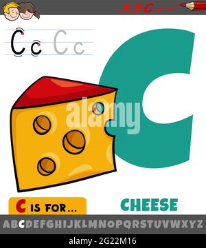 Pädagogische Karikatur Illustration des Buchstaben C aus Alphabet mit Käse Lebensmittel Objekt Stock Vektor